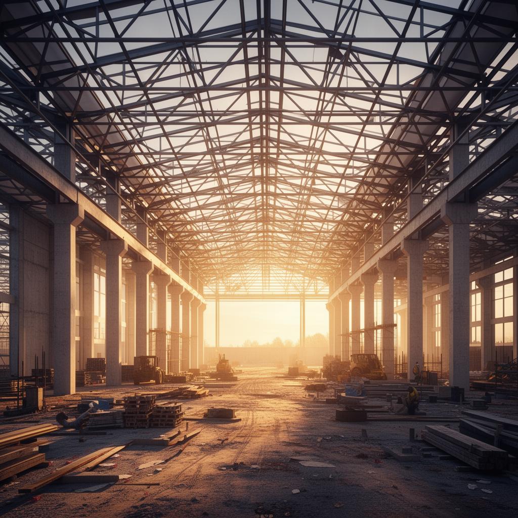 Visualisierung — Hallenbau bei Sonnenuntergang